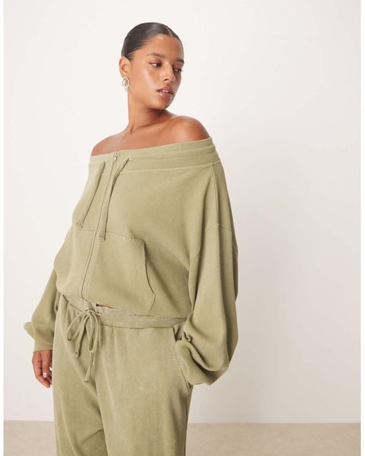 ASOS Natural Asos Design Curve Waffle Off Shoulder Zip Through Sweat