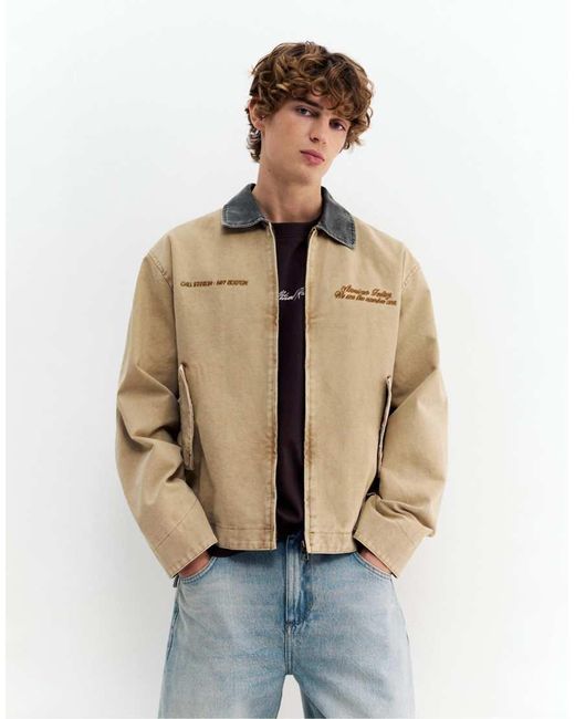 Pull&Bear Natural Jacket With Contrast Embroidered Collar for men