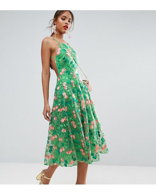 ASOS Green Salon Floral Embroidered Backless Pinny Midi Prom Dress