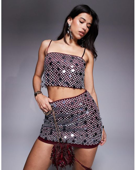 ASOS Red Co-ord Silver Sequin Overlay Satin Cami Top