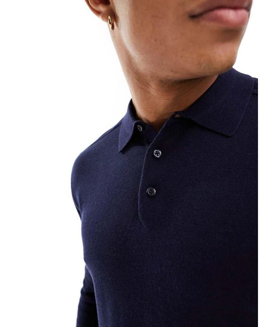 SELECTED Blue Knitted Long Sleeve Polo for men