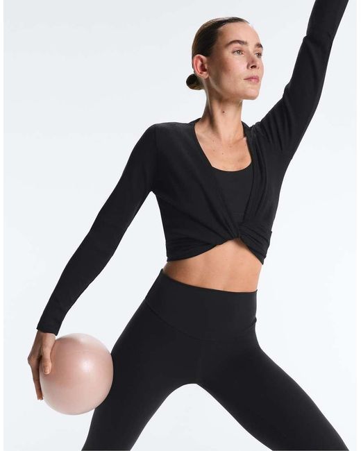 Oysho Black Heavy Rib Cotton Blend Wrap Top With Tie