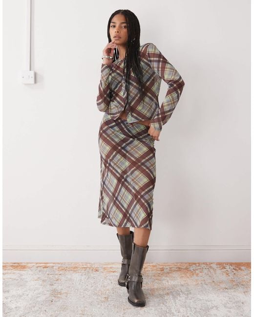 Collusion Brown Long Sleeve Mesh Button Through Top