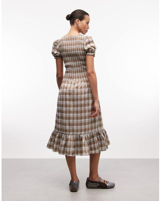 Daisy Street Natural Drop Waist Shirred Midi Dress With Puff Sleeves