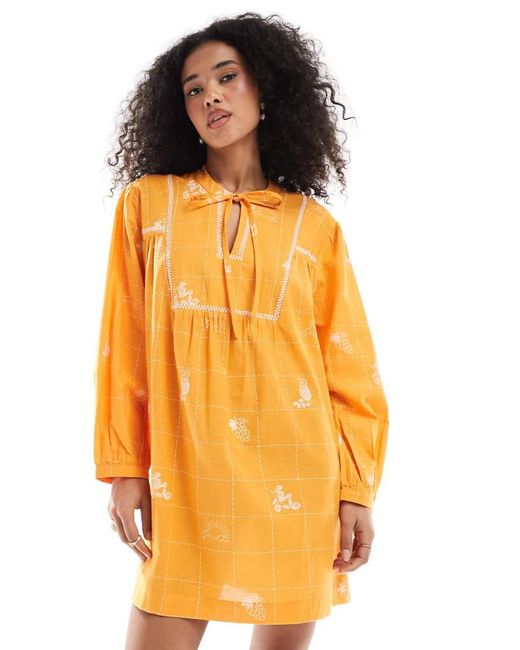 Native Youth Orange Embroidered Puff Sleeve Mini Smock Dress