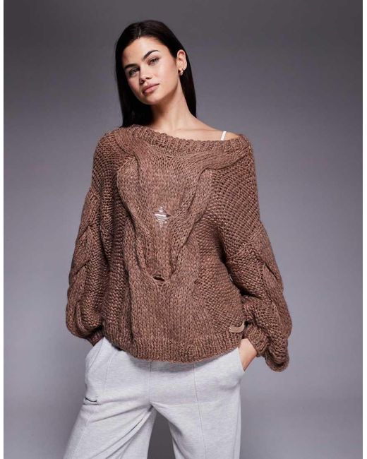 Kiwi & Co Brown Daydream Contains Wool Hand Knitted Oversized Slouchy Cable Knit Detail Balloon Sleeve Jumper