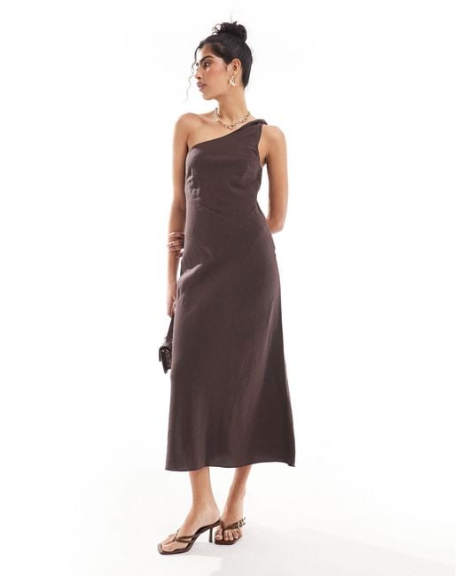 & Other Stories Brown One Shoulder Linen Midi Dress With Twisted Strap Detail