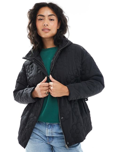 Wednesday's Girl Blue Flower Quilted Cinch Waist Puffer Jacket