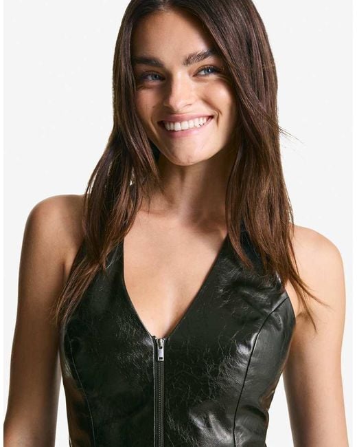 Bershka Black Leather Effect Halter Top With Zip