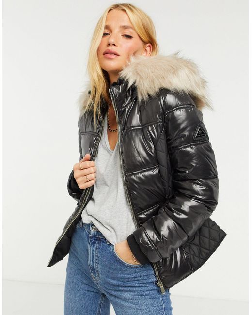 River Island Black Shiny Padded Belted Jacket With Faux Fur Hood