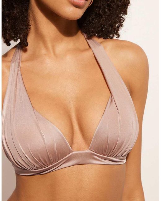 Calzedonia Brown Calzendonia Padded Triangle Bikini Top Shiny Satin