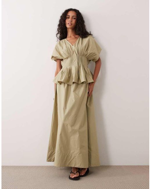 ASOS Natural V Neck Nipped Waist Peplum Maxi Dress