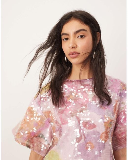 ARRANGE Pink – asymmetrisch und trapezförmig geschnittenes minikleid mit blumenmuster und pailletten