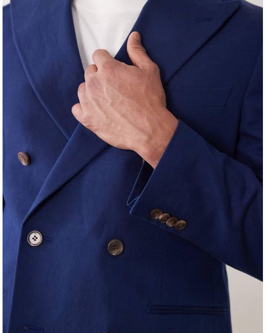 ASOS Blue Slim Linen Rich Double Breasted Suit Jacket for men