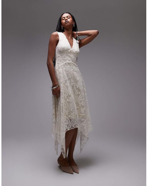 & Other Stories Gray Lace Midaxi Dress With Drop Waist And Handkerchief Hem