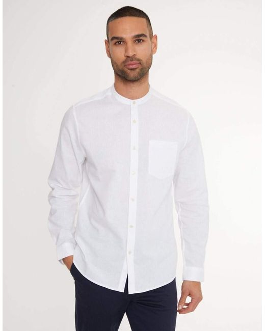 Threadbare White Linen Blend Long Sleeve Grandad Collar Shirt for men