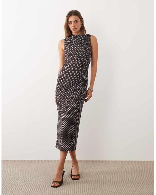 Ghospell Brown Mesh Overlay Sleeveless Ruched Detail Slinky Midi Dress