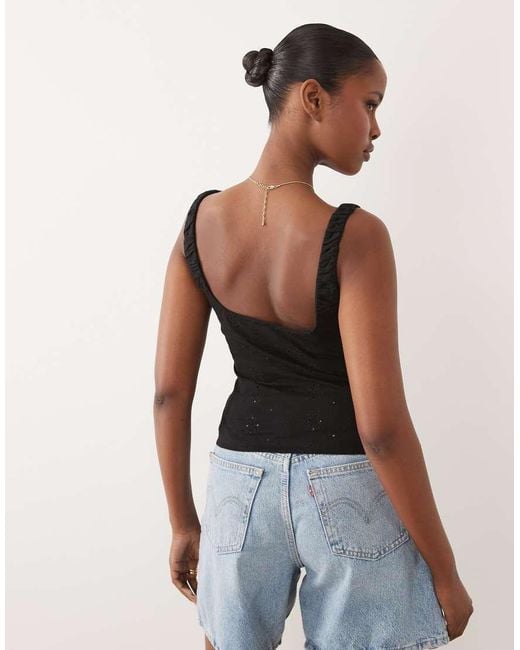 ASOS Black Broderie Milkmaid Top With Gathered Bust