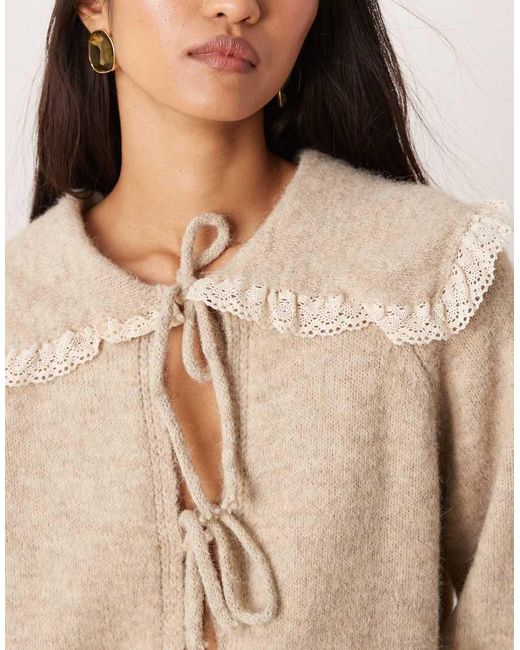 Glamorous Natural Tie Front Ruffle Collar Cardigan