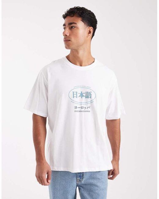 Camiseta Blanca Extragrande Con Estampado Japonés En La Espalda De -Blanco Jack & Jones de hombre de color White