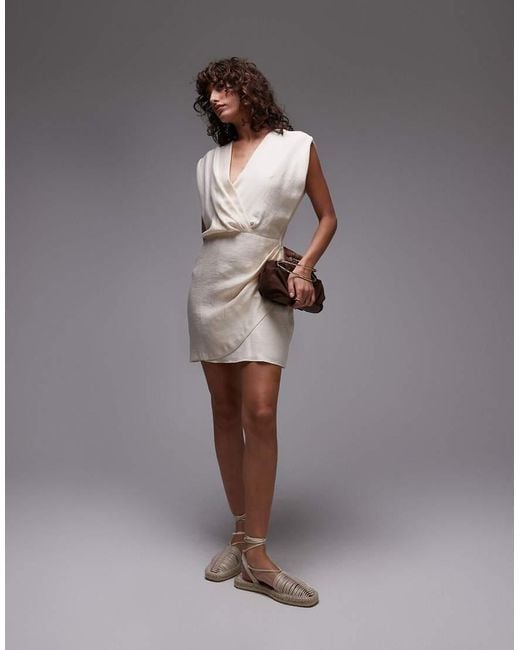 Mango Brown V Neck Draped Fabric Cinched Wait Mini Dress