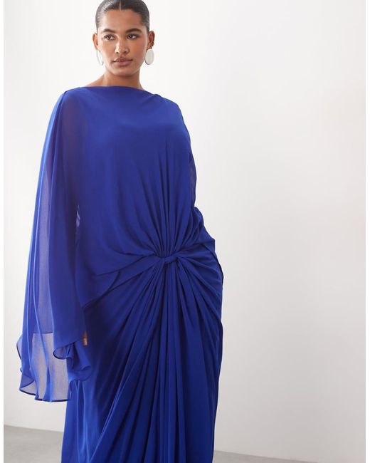 ARRANGE Blue Curve Drop Waist Grecian Draped Cape Sleeve Maxi Dress