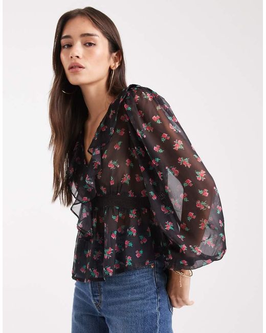 Wednesday's Girl Brown V Neck Ruffle Detail Floaty Long Sleeve Top