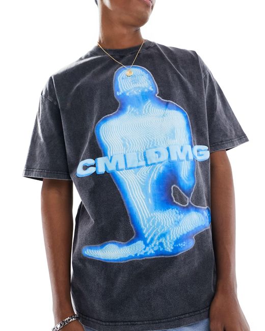 Criminal Damage Blue Oversized Graphic T-shirt for men