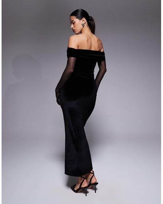 Kaiia Black Exclusive Foldover Bardot Sheer Sleeve Velvet Maxi Dress