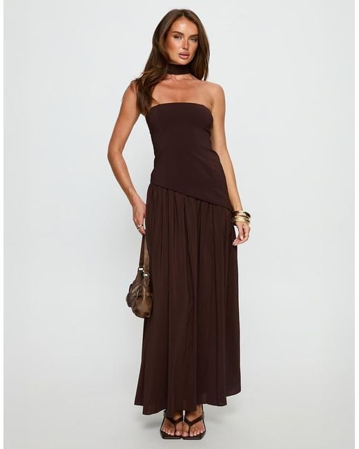 Princess Polly Brown Tailored Bandeau Chiffon Hem Scarf Detail Maxi Dress