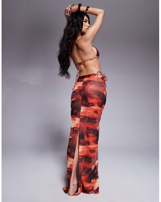 South Beach Red Abstract Print Mesh Maxi Beach Skirt