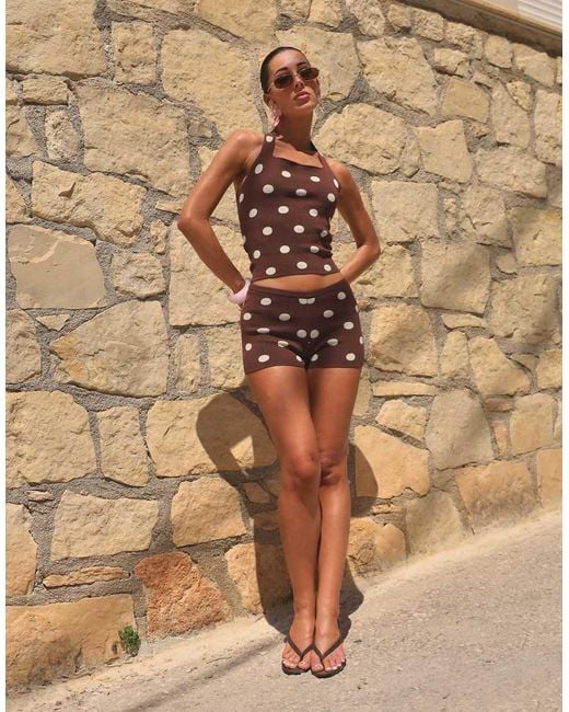 SIMMI Brown Polka Dot Square Neck Knitted Halter Top