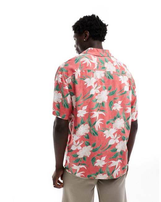 Hollister Red Thrifted Short Sleeve Revere Collar Tropical Floral Print Rayon Shirt for men