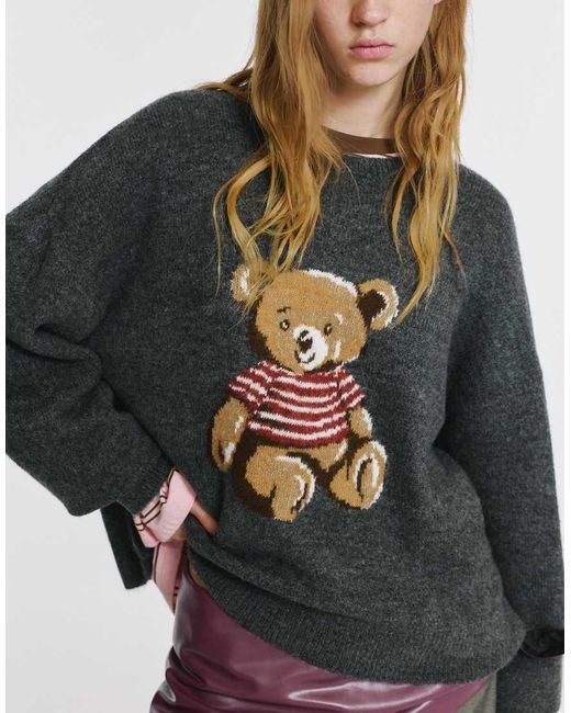 Pull&Bear Gray Bear Graphic Sweater