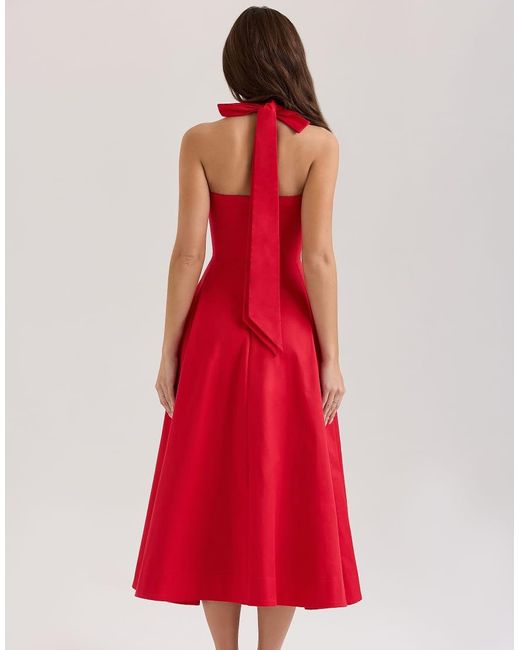 House Of Cb Red Claudia Stretch Cotton Button Halter Neck Midi Dress