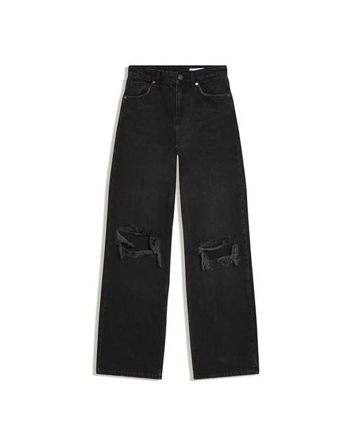 Bershka Blue High-Waist Wide-Leg Ripped Jeans