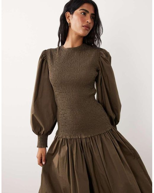 ASOS Brown Shirred Poplin Maxi Dress