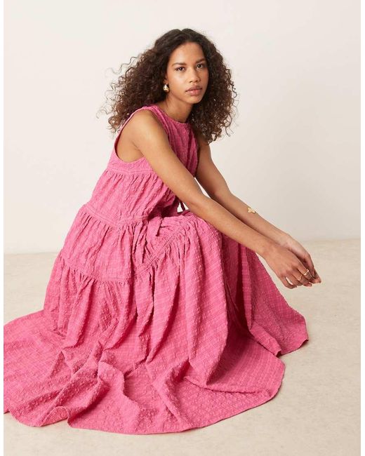 Vestito Midi Arricciato Fucsia Testurizzato di Ghospell in Pink