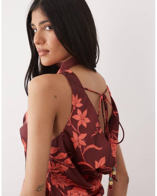 Hope & Ivy Red Satin Cowl Neck Scarf Maxi Dress