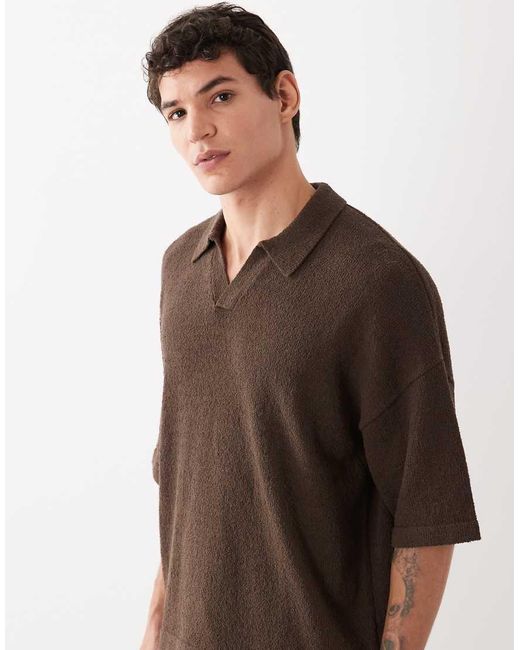 ASOS Brown Oversized Co-Ord Short Sleeve Knitted Boucle Notch Neck Polo for men