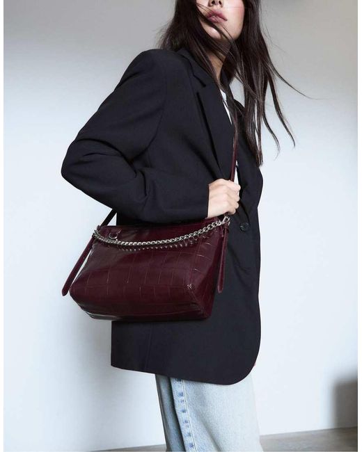 Stradivarius White Mock Croc Crossbody Bag With Chain