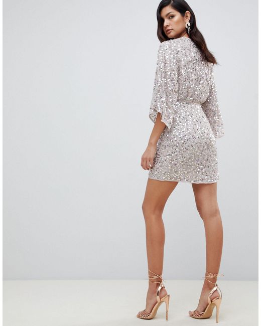 asos design scatter sequin knot front kimono mini dress