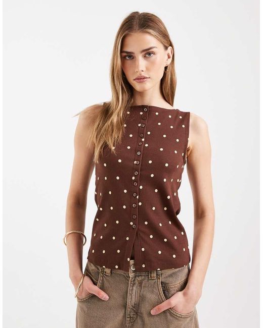 New Look Brown Boat Neck Polka Dot Button Through Tank