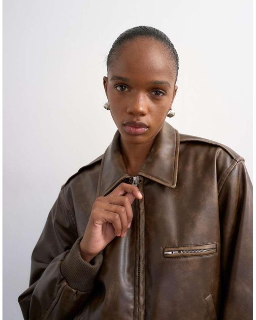 TOPSHOP Natural Leather Look Centre Front Zip Through Jacket