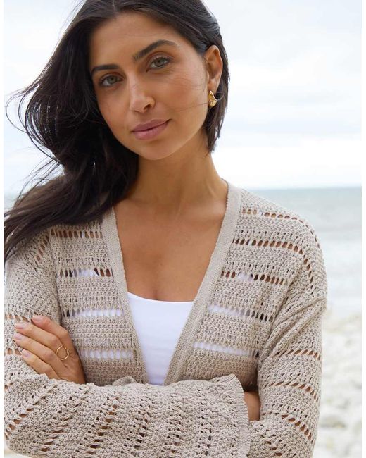 Threadbare Natural Longline Crochet Pointelle Knit Cardigan
