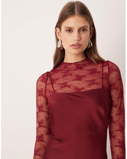 Y.A.S Red Hybrid High Neck Lace Top And Satin Slip Dress