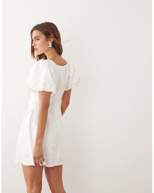 Sister Jane White Klara Jacquard Scoop Neck Puff Sleeve Bow Detail Mini Dress