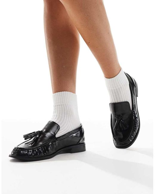 London Rebel Black Sadie Ruched Detailing Tassel Loafers