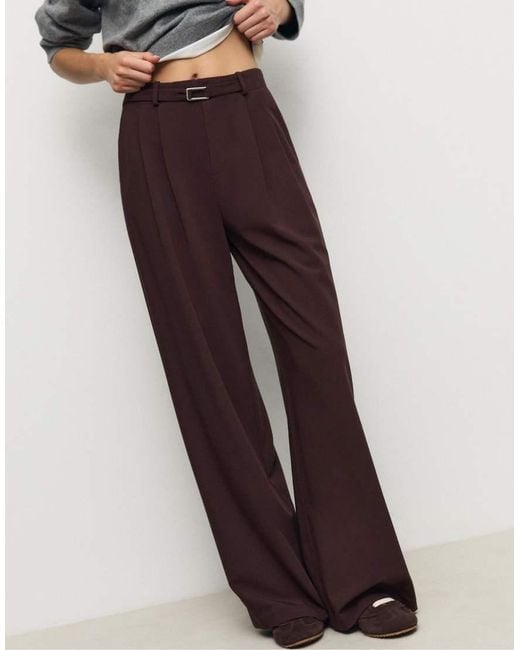 Stradivarius White Smart Wide Leg Trousers With Buckle Detail