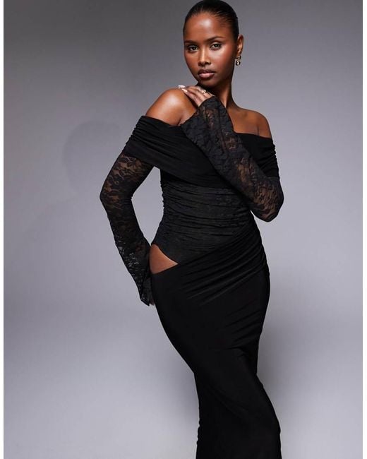 Kaiia Blue Exclusive Double Layered Slinky Lace Off The Shoulder Maxi Dress